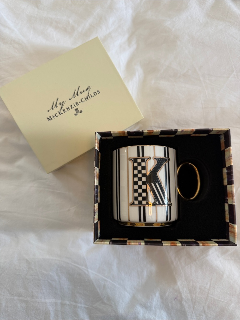 MacKenzie-Childs Monogram 'K' Mug in Black, White and Gold